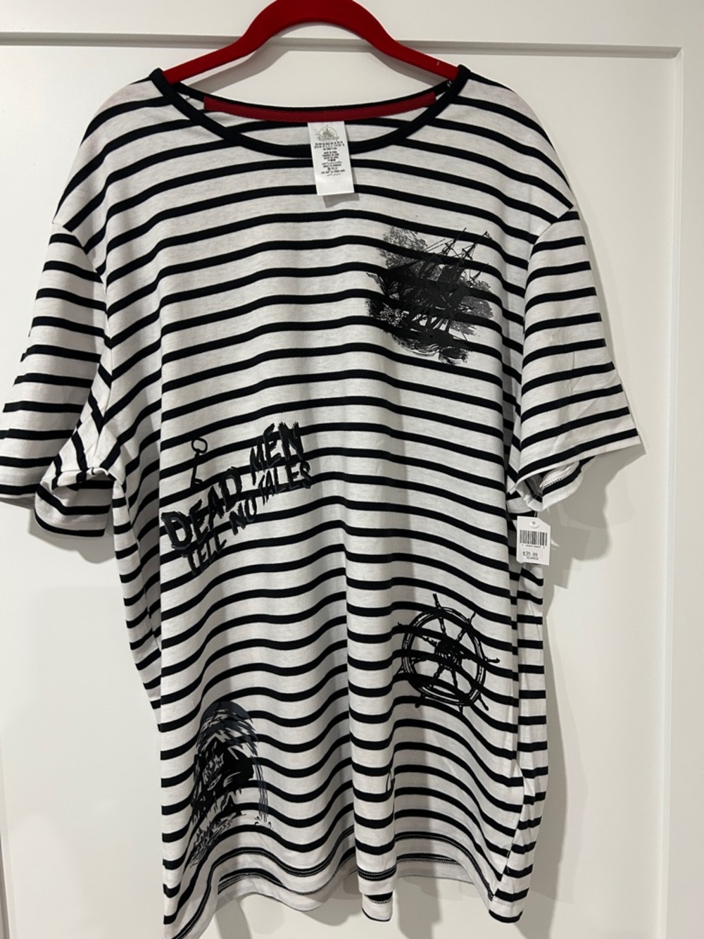 NWT Women’s XL Pirate’s of the Caribbean Black & White Striped Tee with Red Trim